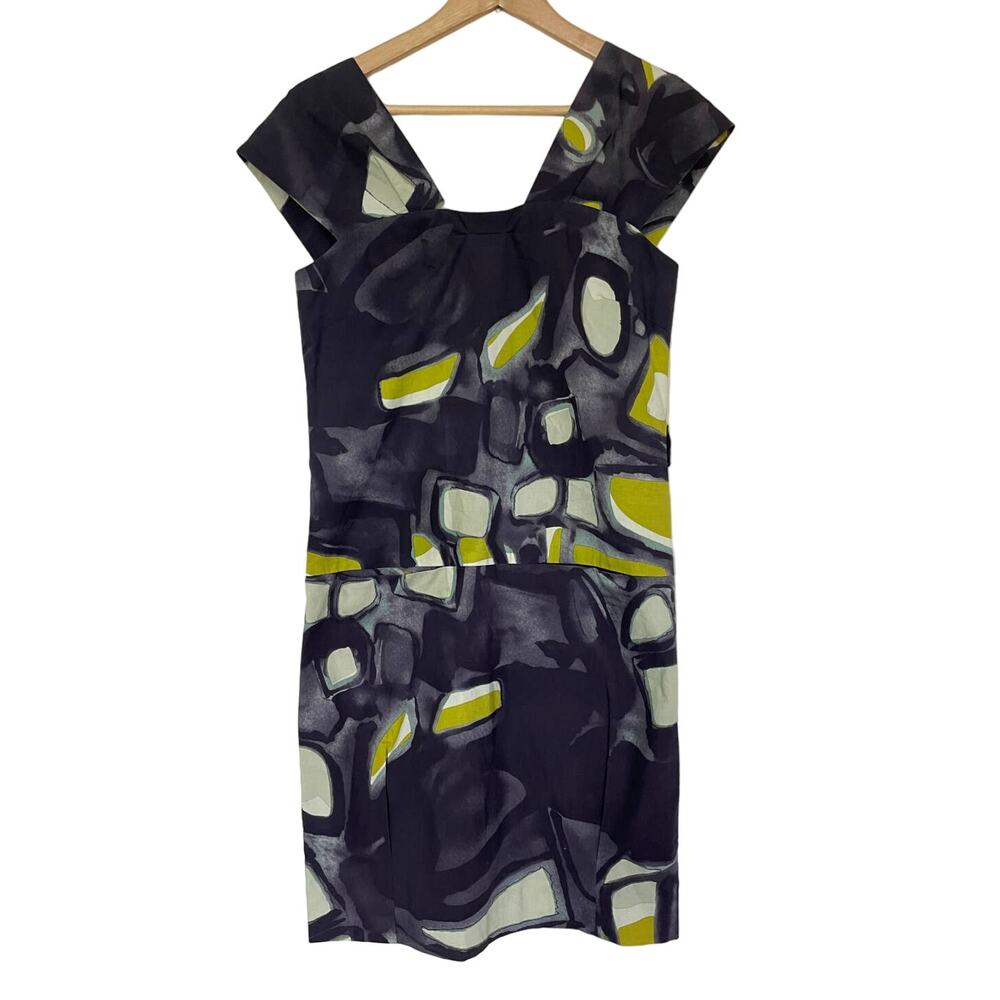 LELA ROSE 100% cotton watercolor abstract artsy green gray sheath dress